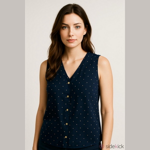 A New Day Womens Navy Polka Dot Button Up Lightweight Sleeveless Tank Top Sz XL